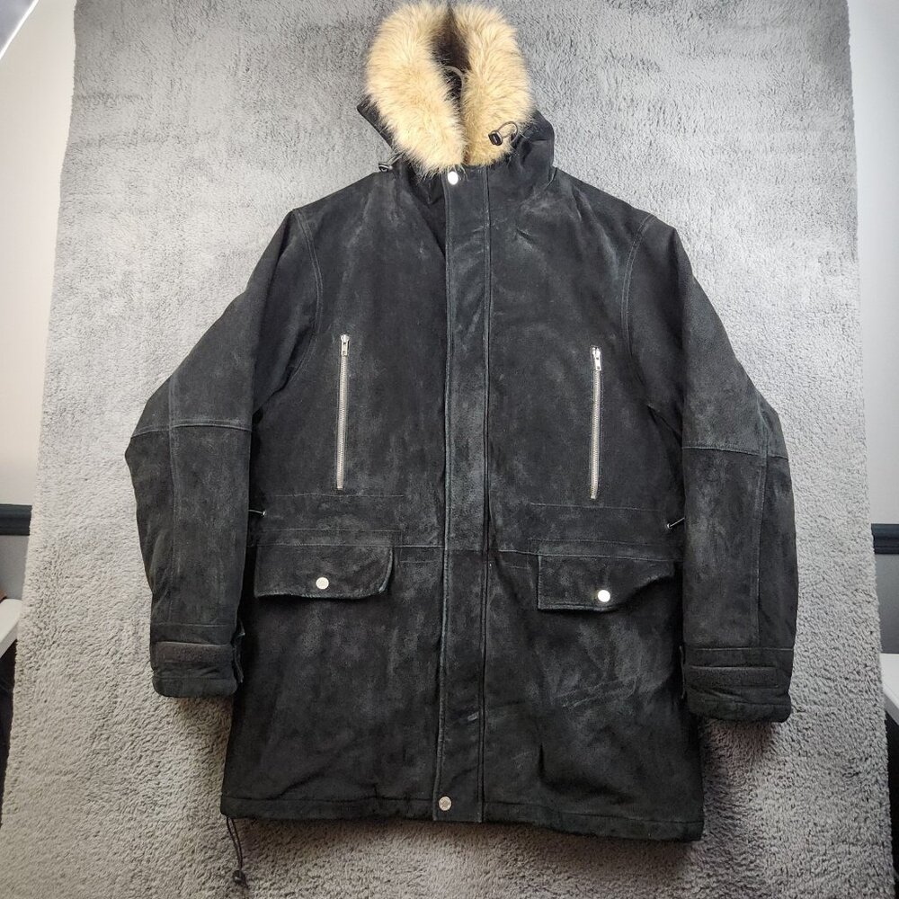 Wilsons Leather M. Julian Suede Leather Coat Faux Fur Hood Trim Mens Large Parka
